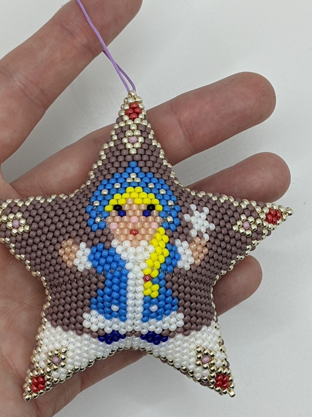 Beaded Star Ornament with Blue and Purple Folk Girl
